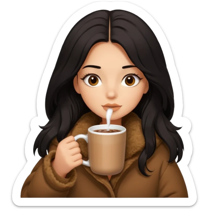 anned Girl with lashes , bright black long hair, in an extremely big fluffy brown oversized jacket, and drinking hot chocolate drink sticker