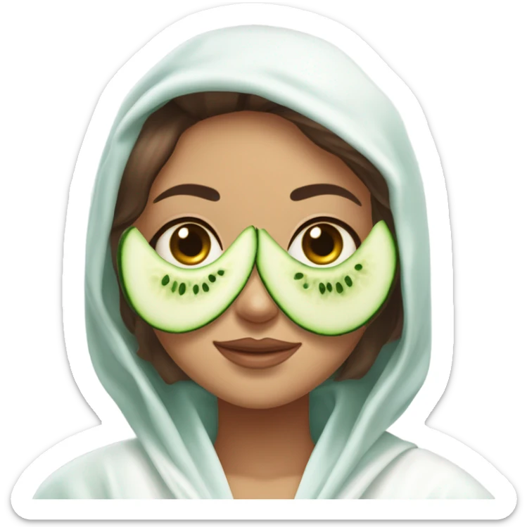 Girl with freackles Brown hair white skin and blue eyes wears Green colored  skin care mask while She relaxes and two round piece cucumber on her closed eyes In a white Robe sticker