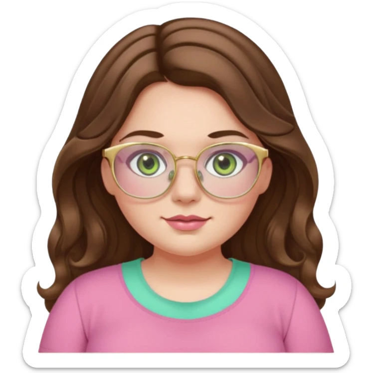 Girl girl long wavy brown hair with middle part, pale green eyes, plus size, pink girly top, gold rimmed glasses sticker