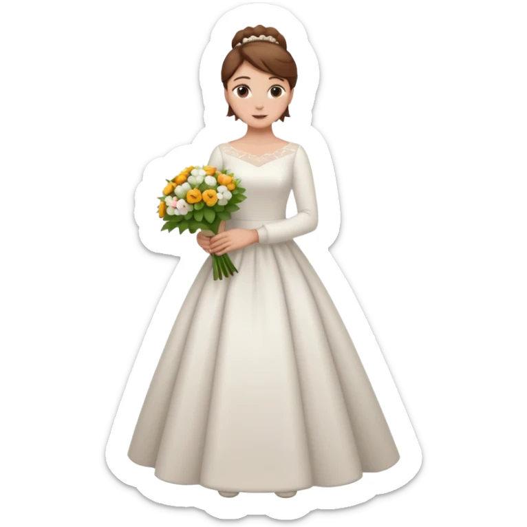 Chica blanca, cabello castaño, recogido en moño alto con mechones, vestido novia de manga larga, cuerpo entero, ramo de flores en una mano sticker