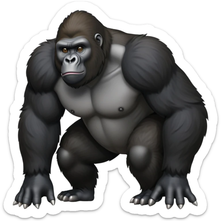 cinematic-friendly gorilla-realistic-full-body-crouched on all fours-emoji,-broad-and-powerful-frame-poised-with-confidence,-massive-arms-hanging-slightly-forward,-head-tilted-thoughtfully,-thick-black-fur,-deep-dark-eyes-full-of-intelligence,-simplified-yet-realistic sticker
