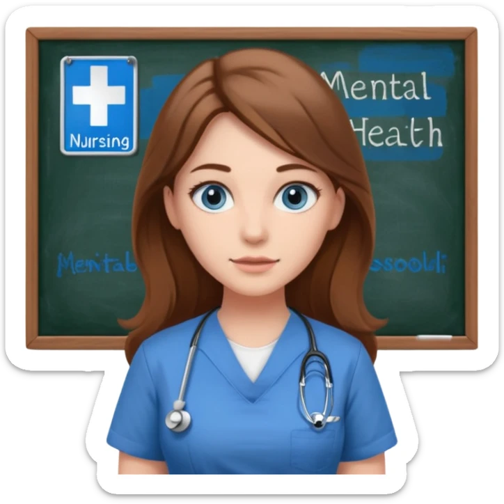 university classroom that says Mental Health Nursing on the blackboard with a pretty female nursing student with long brown hair, blue eyes sticker