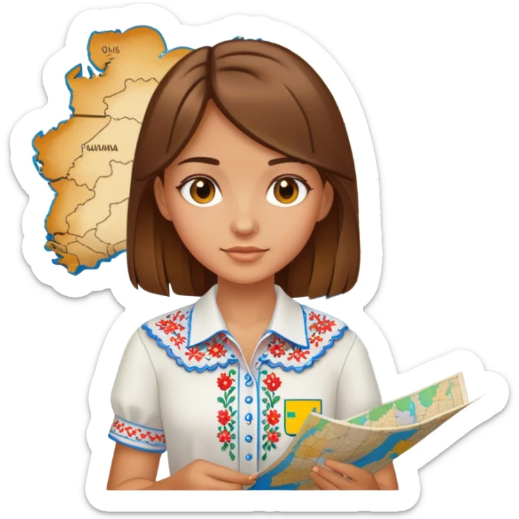 A Ukrainian girl with brown hair wearing an embroidered shirt holds a map of Ukraine sticker
