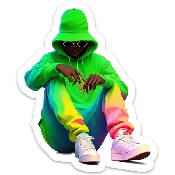 Hemp leaves Multicoloured neon person smoking wearing hoodie dancing hip hop bucket hat tropical Skater fashion aesthetic baggy clothes graphic t shirt 420 sticker