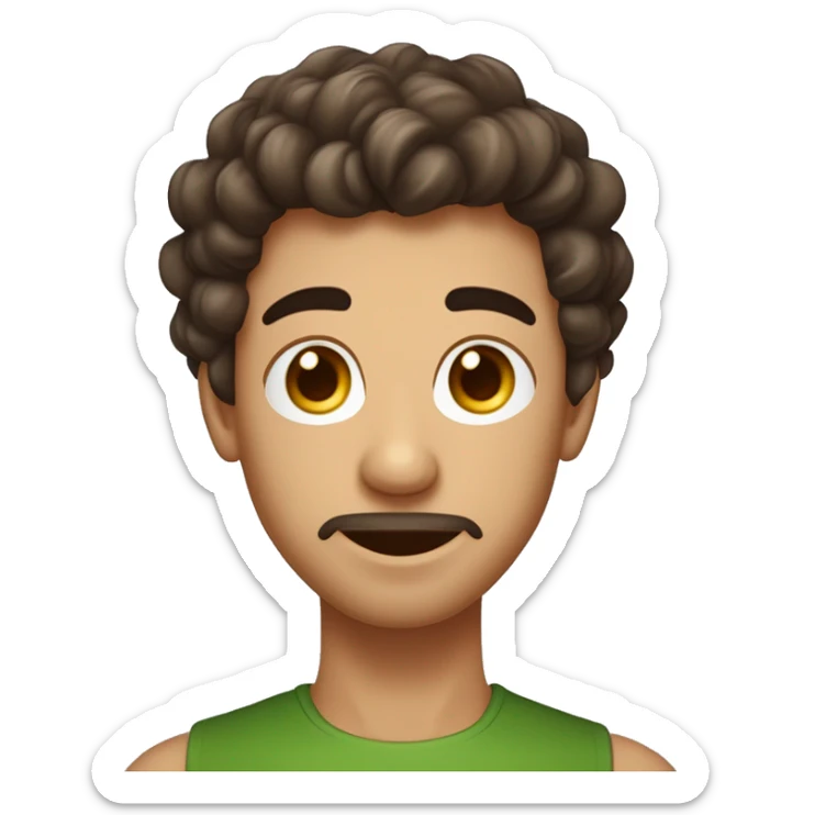 Sexe masculin. Cheveux brun foncé clair, bouclés, qui descendent jusqu'aux oreilles. Teint clair. Yeux marron vert. Visage ovale avec un léger bouc. Expression légèrement sérieuse avec sourcils froncés. Ajoute des AirPods. sticker