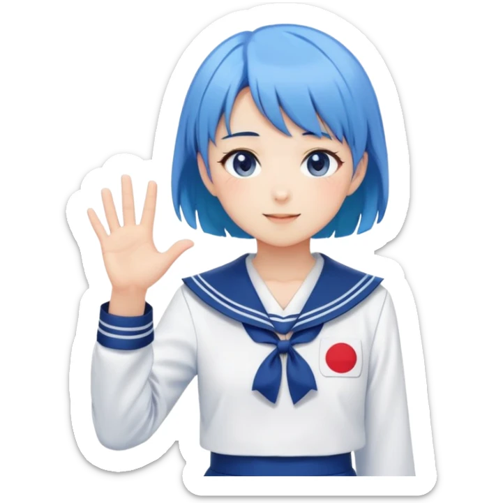 Anime girl with short bright blue hair wearing Japanese sailor style school uniform, composed posture with hand on hip but shyly waving with other hand, blushing face and timid smile sticker