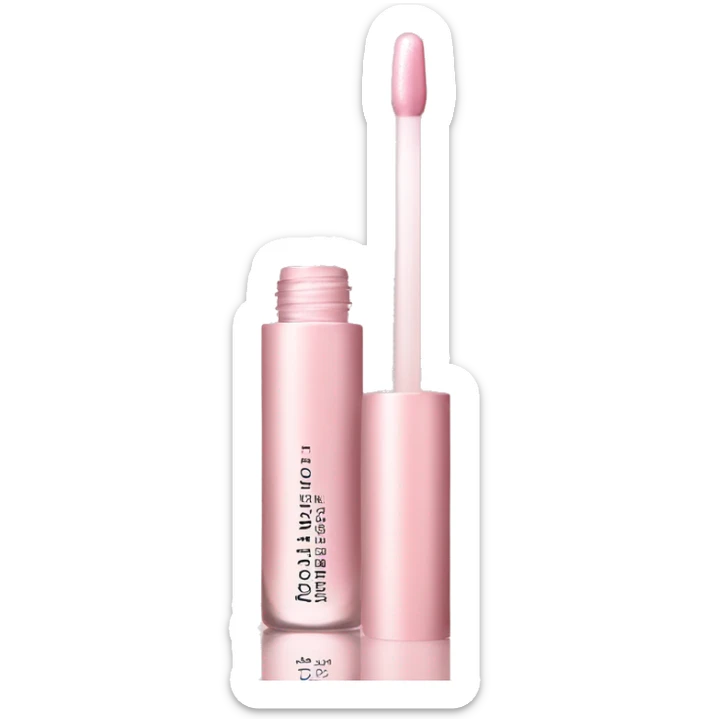 , pastel pink lip oil bottle with a subtle shimmer, giving off a luxurious and hydrating vibe. The bottle is slightly translucent with a soft pink hue sticker