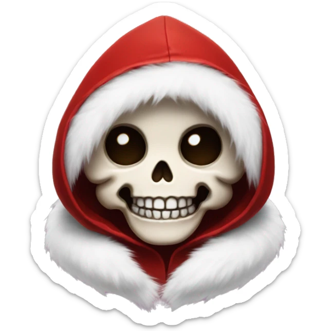Cute, happy little skull wearing a red velvet hood with fluffy white fur trim. sticker