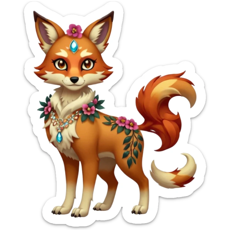 Multicolored gloomy dark edgy spooky hot warm badass realistic floral exotic Falvie-Fionbri-fursona, full body, wearing jewelries sticker