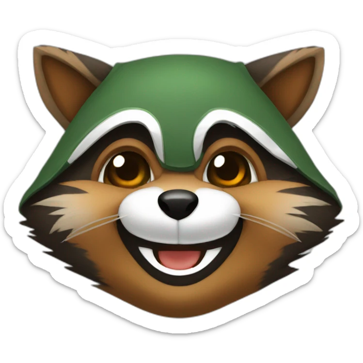 brown raccoon with orange eyes and a dark green hood that is laughing sticker