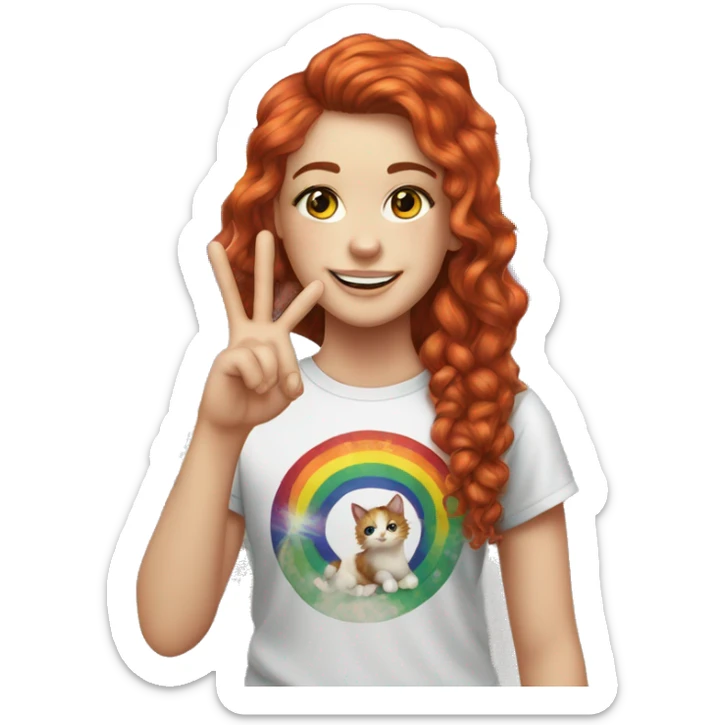 a white girl with long red curly hair in a pony tail with rainbow cat shirt does peace sign  sticker
