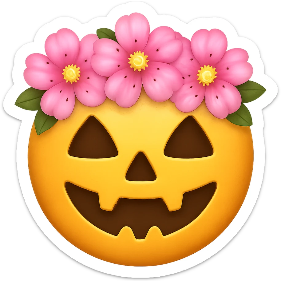 halloween yellow face with pink flower crown emoji, digital illustration, remove background sticker