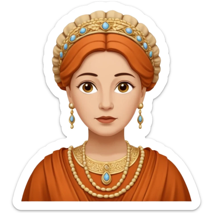 An emoji portrait of a mature Greek noblewoman. She wears a terracotta-colored chiton with intricate embroidery. Her hair is styled in an elegant updo, and she has a calm, wise expression. sticker