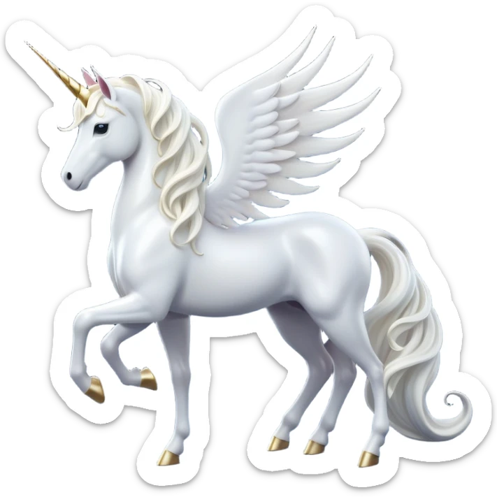 cinematic-beautiful-white-unicorn-full body-emoji,-poised-and-regal,-with-a-slender,-ethereal-form-draped-in-a-pristine-white-color,-a-flowing-mane-and-tail,-and-a-glistening,-spiraled-horn-that-radiates-pure-light,-simplified-yet-sharp-and-majestic, zoomed out to show a majestic unicorn sticker