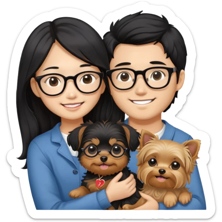 “An Asian girl with long, wavy black hair (loose, no hair tie) next to her smiling boyfriend—a light brown-skinned man with a Korean-style haircut and glasses. Together, they’re holding a small Yorkshire Terrier sticker