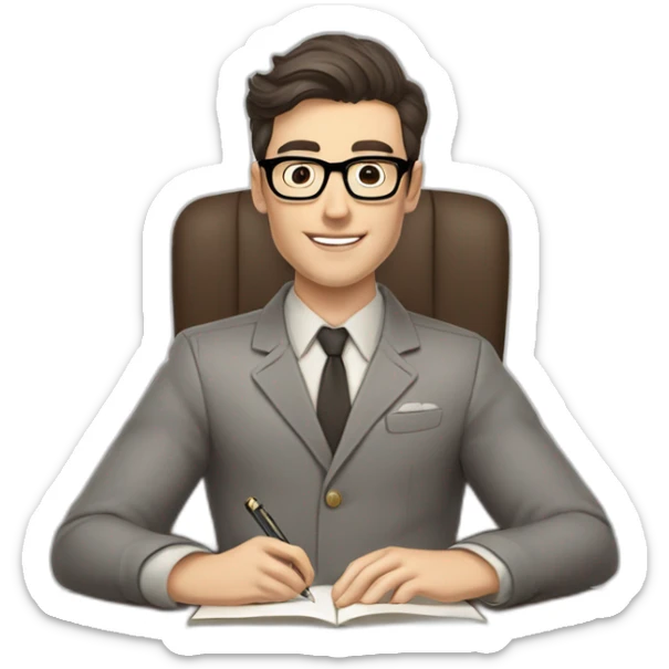 Pale skinned Fit Man With dark brown hair in gray jacket, beige office shirt and vintage glasses sitting In a soft chair with a notebook with emblem Ψ and a pen in his hands sticker