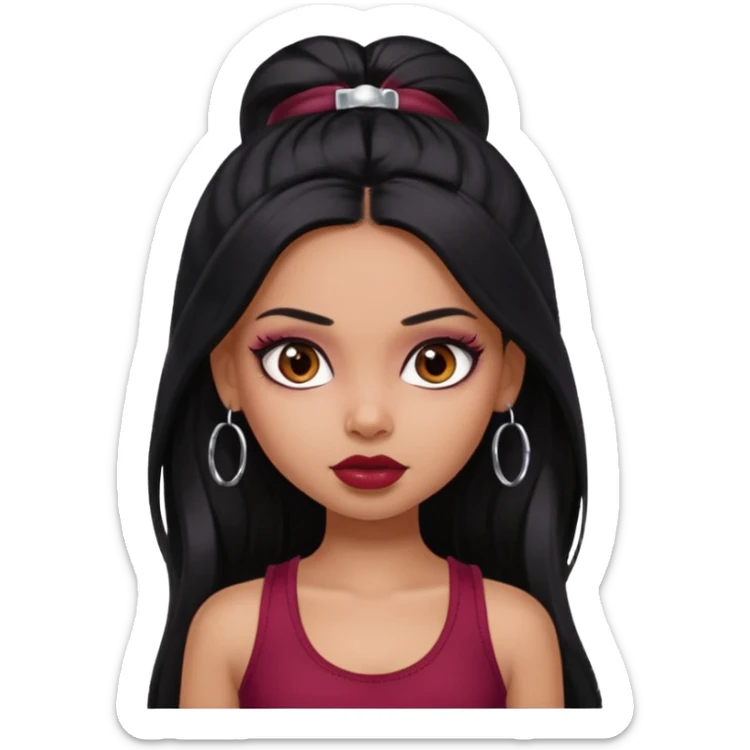 a pretty bratz girl with long black hair, kajal under eyes, small silver hoop. Dark cherry red tank top on.  sticker