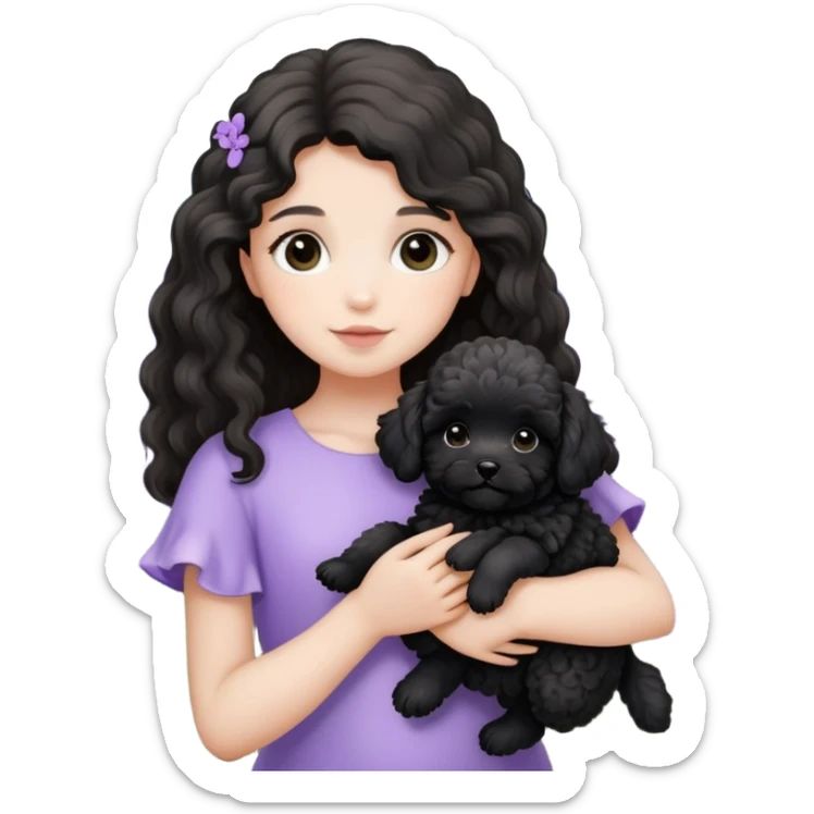 A long-haired girl holds a black maltipoo puppy in the lavender flowers sticker