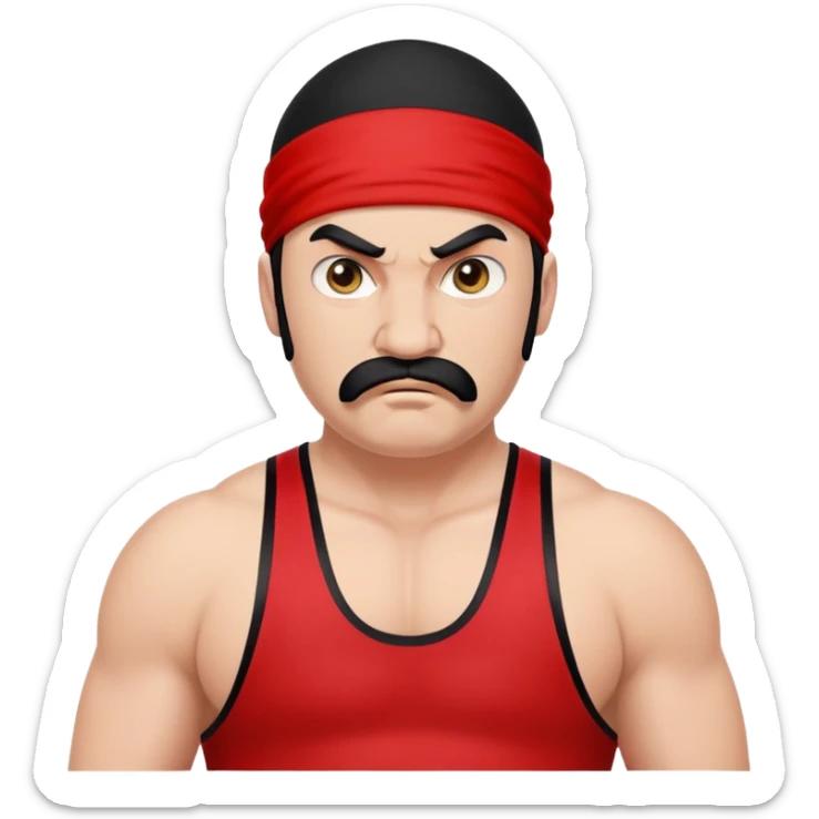 White skin fat guy with prominent black durag, short black beard and mustache, black eyes in a red and black wrestling singlet with angry face sticker