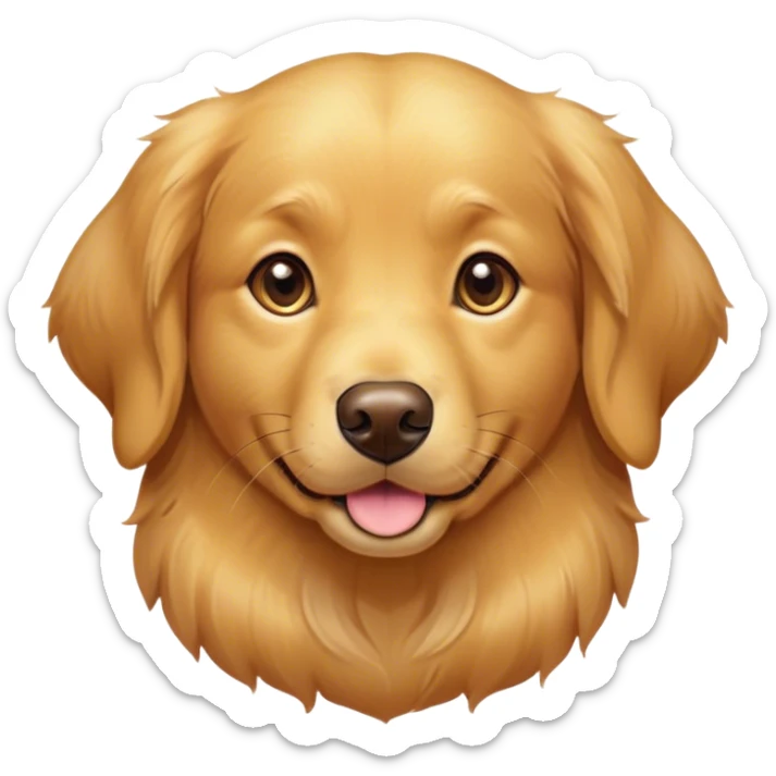 Cinematic Cute Golden Retriever Portrait Emoji, Head tilted playfully and inquisitively, showcasing a rich, glossy golden coat with a healthy sheen, round, sparkling brown eyes filled with curiosity, Simplified yet irresistibly adorable features, highly detailed, glowing with a warm, friendly glow, high shine, affectionate and lively, stylized with a touch of whimsy, bright and endearing, soft glowing outline, capturing the essence of a mischievous yet loving companion, so playful it feels like it could leap out of the screen and into your arms! sticker
