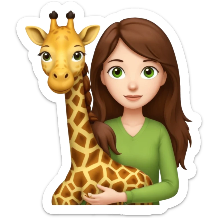 woman with long brown hair green eyes girl emoji pulling up a giraffe plushie sticker