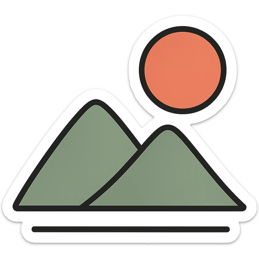 minimalist Japanese landscape icon, simple mountains and sun, clean lines, subtle color palette sticker