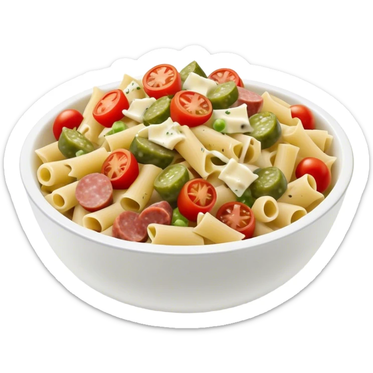 Pasta salad with chopped sausage, chopped gherkins, chopped cocktail tomatoes and mayonnaise  sticker
