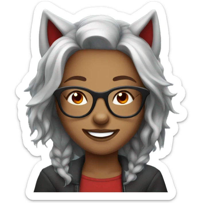 Wolf girl with red hair and glasses with red eyes smiling  sticker