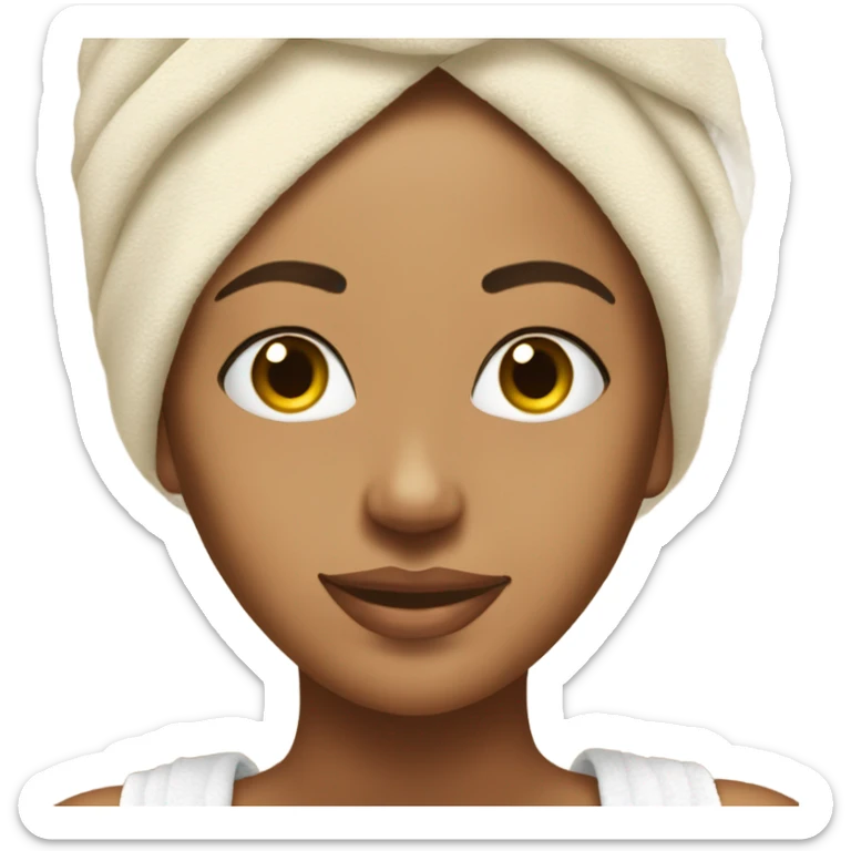 Tan girl with towel on her head and hair front peices hanging out with a skincare mask on her face sticker