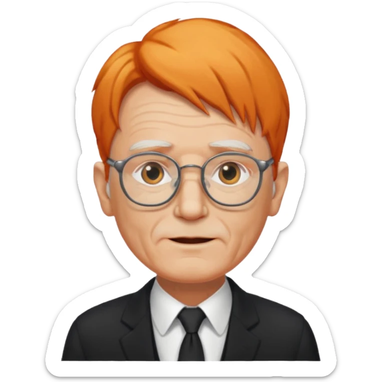 old man, orange hair, no mustache, wearing glasses, long face, wearing a black suit sticker