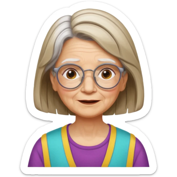 Grandma grandmother Gypsy alternative lifestyle concerned happy wise granny wire rims haircut long hair medium hair brown and white streaked hair sticker