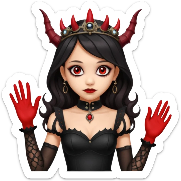 Slim fitting seductive dress Holed and worn Lavish black evening gown with see-through gloves, Jenna Ortega as Addams woman wearing a steampunk mini tiara, very large blood red evil-looking horned old dragon evil eyes  sticker
