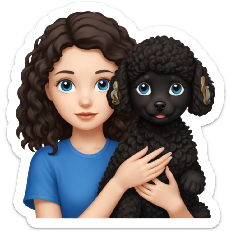 Brunette girl with long wavy hair and blue eyes holding one black puppy poodle with black fur and brown eyes. No decoration on the dog.  sticker