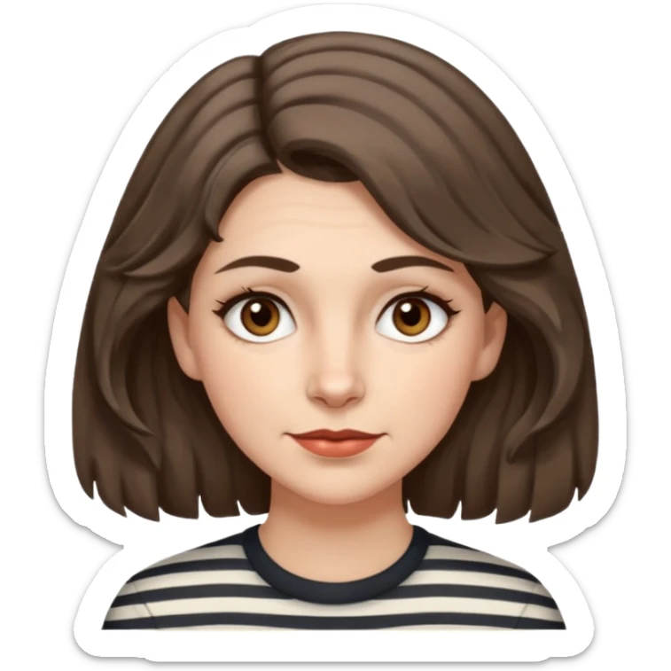 fair-skinned caucasian woman, 40s, chin-length rather wavy/unruly brown-ish hair with some white stripes (wolf haircut), hazel eyes. no glasses sticker