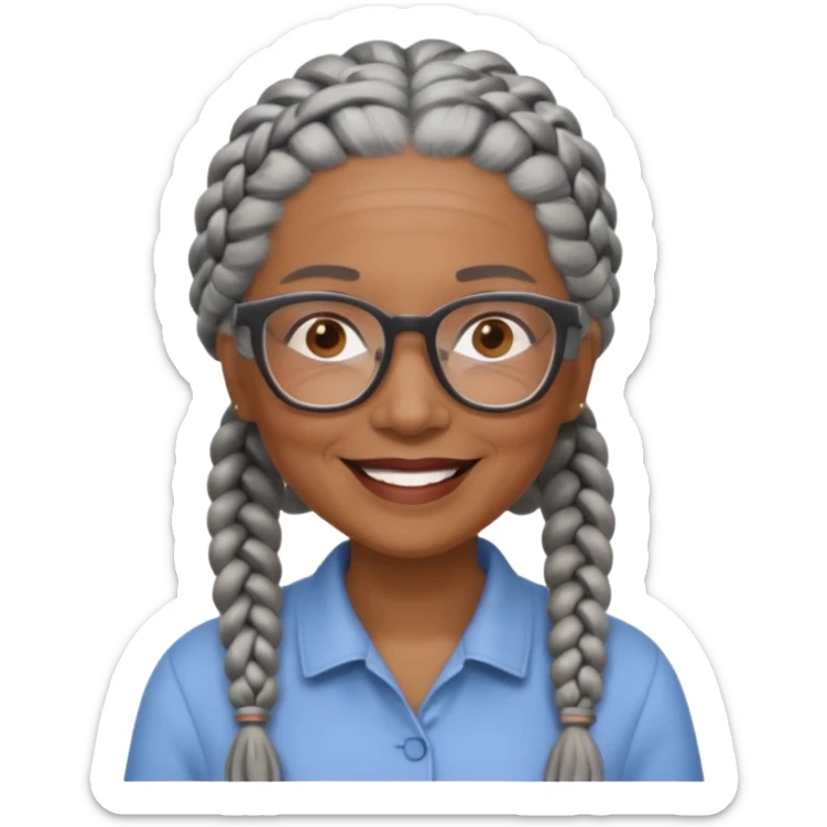 Older woman of color with gray braids, glasses and smiling sticker
