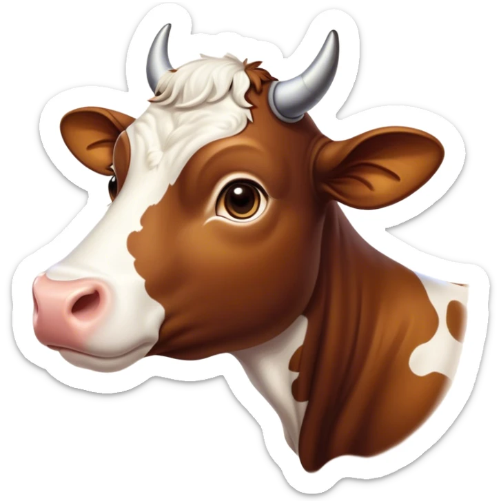 Cinematic Noble Brown and White Cow Portrait Emoji, Poised and regal, with a large, sturdy build and a beautifully patterned hide of rich brown accented by crisp white patches, deep-set soulful brown eyes, Simplified yet sharp and sophisticated features, highly detailed, glowing with a soft, dignified glow, high shine, intelligent and calm, stylized with an air of pastoral majesty, focused and attentive, soft glowing outline, capturing the essence of a watchful and confident bovine guardian, so majestic it feels as though it could amble out of the screen with effortless authority! sticker
