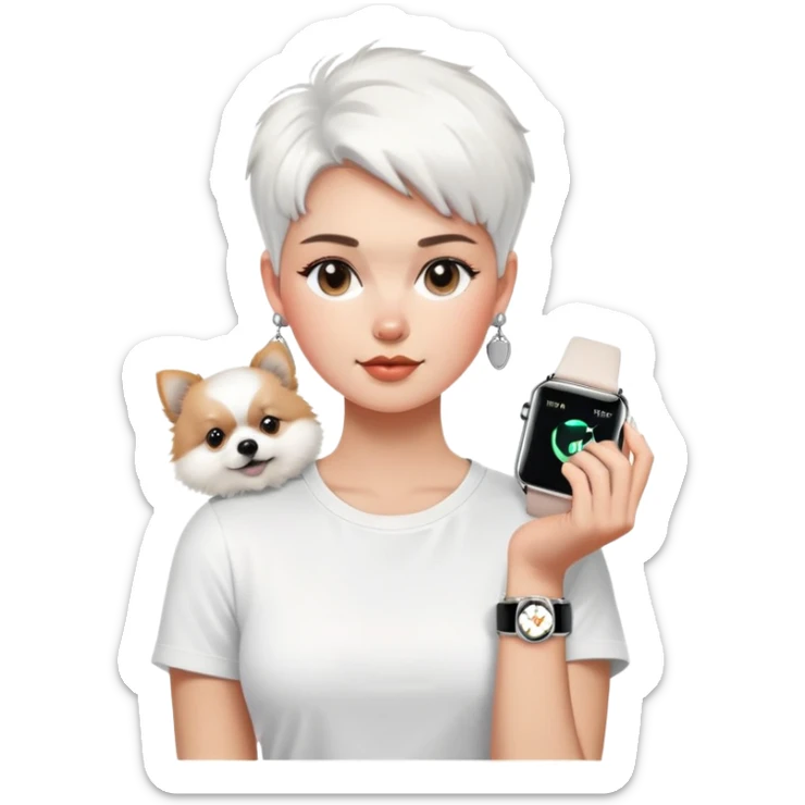 A woman with a base-shaped face and a very short haircut, wearing a white T-shirt, large stylish silver earrings, and an Apple Watch, holding a fluffy white Pomeranian. sticker