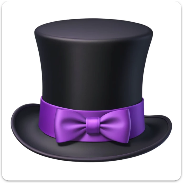 3D apple-style emoji of a tall vintage black top hat with a wide brim and a bright purple ribbon, smooth slightly glossy surface, simplified shapes, cartoon-like look, soft shadows, white background sticker