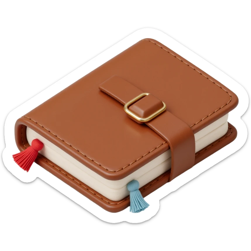 leather-bound notebook with stitching, skeuomorphism icon style sticker