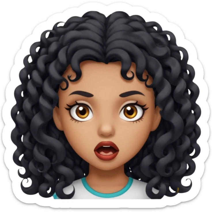 girl with long black curls and brown eyes, brown skin, eyelashes, siren eyes, make her mouth open and mad expression sticker