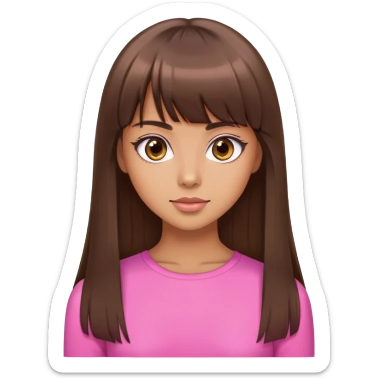 beautiful woman, tan skin, big brown eyes, straight long brown hair, bangs, model, pink top sticker