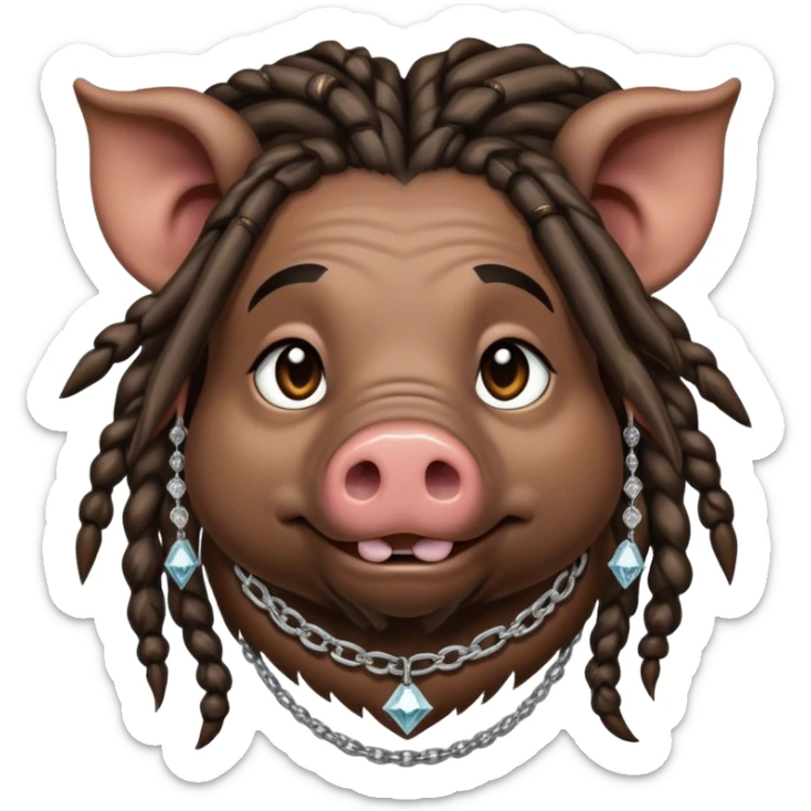 Hairy pig, with dreads, tatto on face with diamont chain on the neck, african-american race sticker