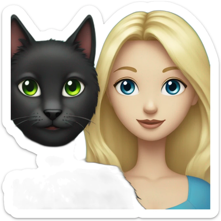 a black fluffy cat with blue eyes holds a blonde girl with green eyes sticker