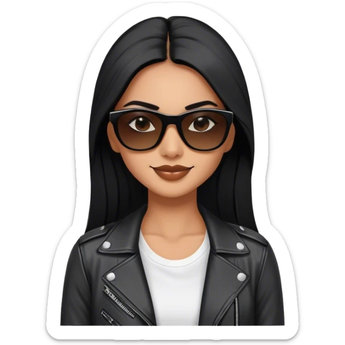 beautiful fit woman, with long straight black hair, with make up, black eye liner, smile mooth close, mexican, brown skin, wearing white tee, wearing leather black jacket, solar black wayfarer on the tip of the nose sticker