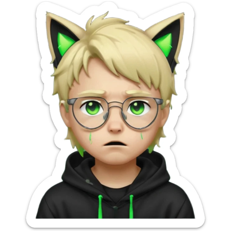A blond hacker boy with black glasses and a black hoodie with neon green cat ears, cyberpunk style, crying expression, glowing green eyes with tears, soft neon lighting sticker