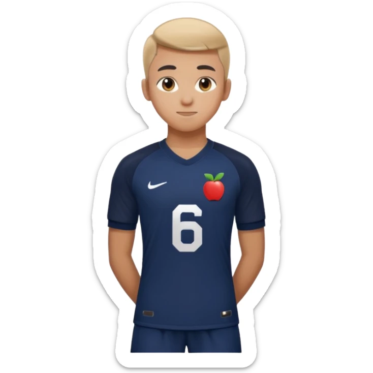 Apple emoji style 21 year old soccer player standing hands on waist, dark navy jersey #6, realistic lighting sticker