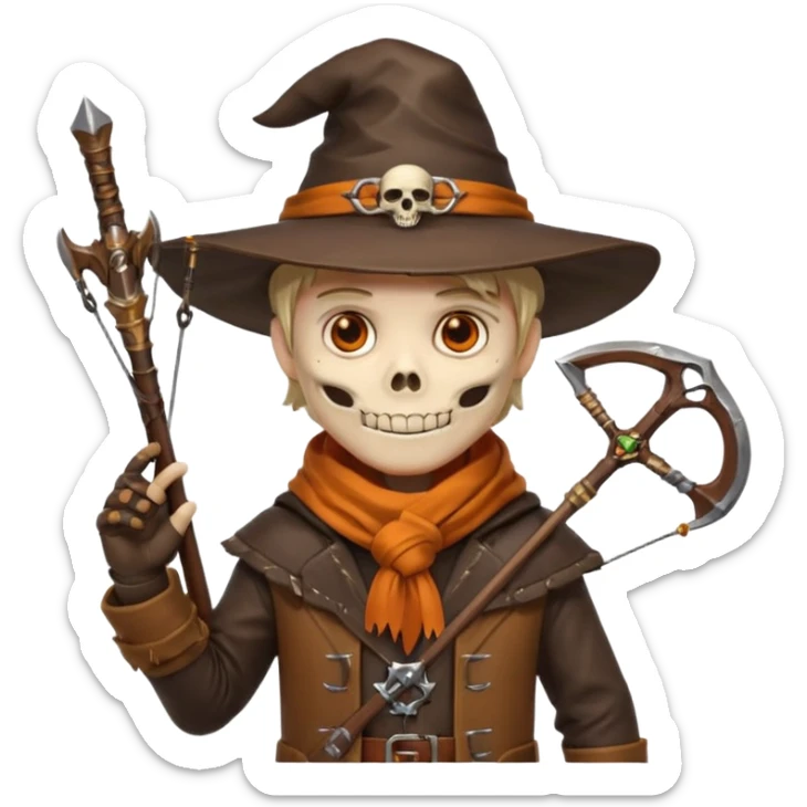 male human monster hunter emoji, wearing brown leather coat and wide hat, holding crossbow or rifle, with amulet shaped like skull, Halloween fantasy theme, confident smile, orange scarf, Apple emoji style, clean white background, square image sticker