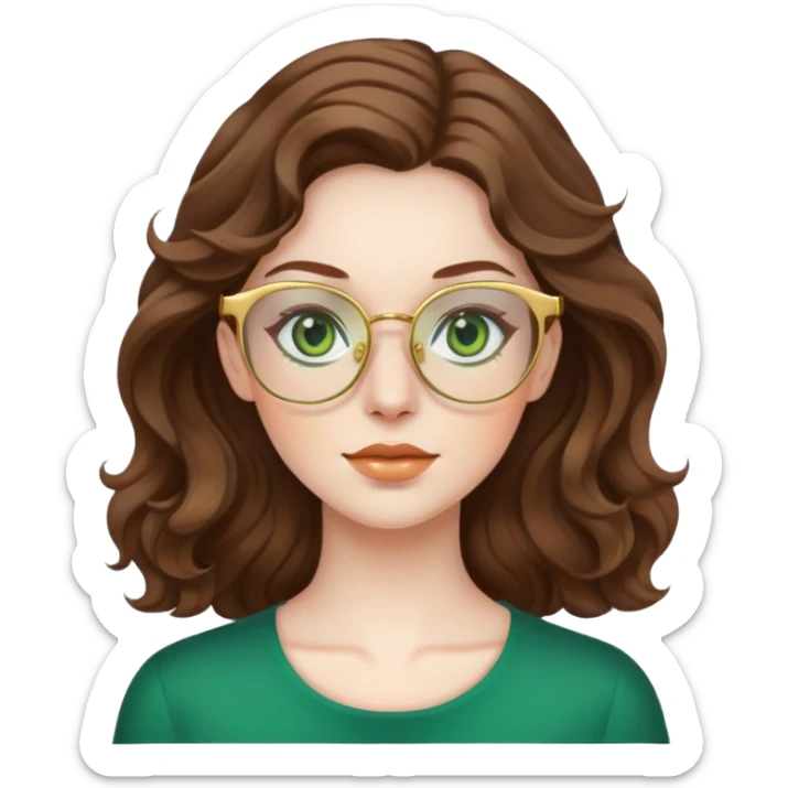 woman with pale skin, brown wavy hair, green eyes, gold glasses sticker
