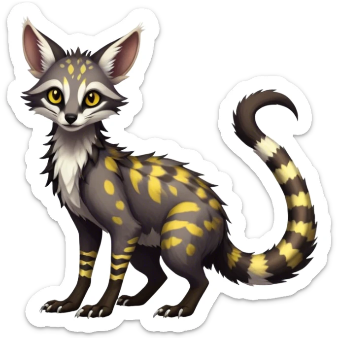 Feral Rare Fantasy dark tropical Vernid-Sergal-Genet-Trico-species by LiLaiRa, random markings, tufted tail, tufted ears, full body sticker