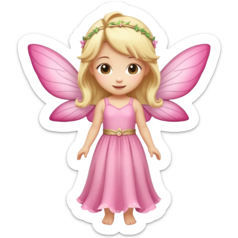 fairy with blonde hair, pink wings and long dress, happy, chibi full body sticker